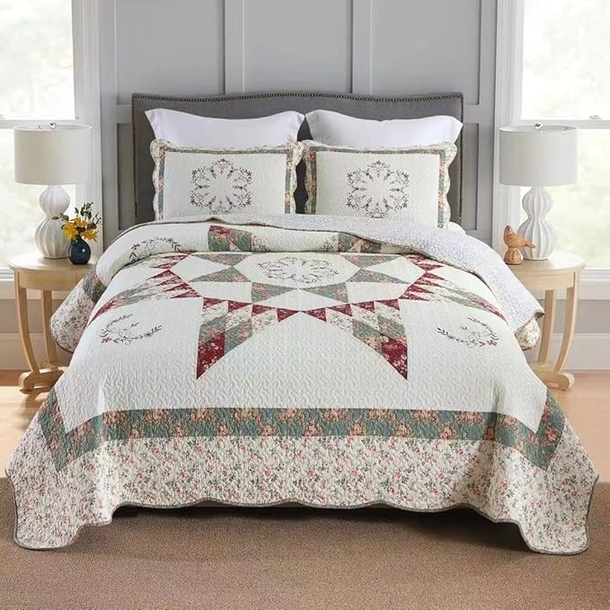 Cotton Bedspread Quilt Bedding Sets, 3 Pieces Reversible Coverlets Comforters Star with Green Floral Real Patchwork Bedspread, King Size