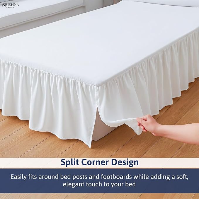KRISHNA Ruffled Bed Skirt with Split Corners Twin, 100% Microfiber Hotel Quality, 14 Inch Drop Dust Ruffle Gathered Bedskirt with Platform, 39" x 75", White