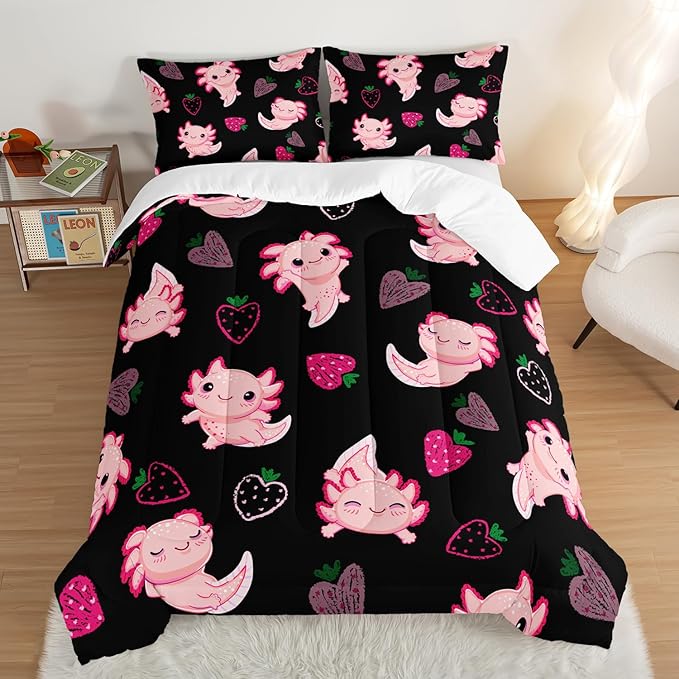 Cute Axolotl Bedding Set King Size,Pink Axolotl Strawberry Printed Comforter Sets Aesthetic Bedding for Kids Girls,Beach Coastal Animal Themed Comforter Sets with 2 Pillowcases.