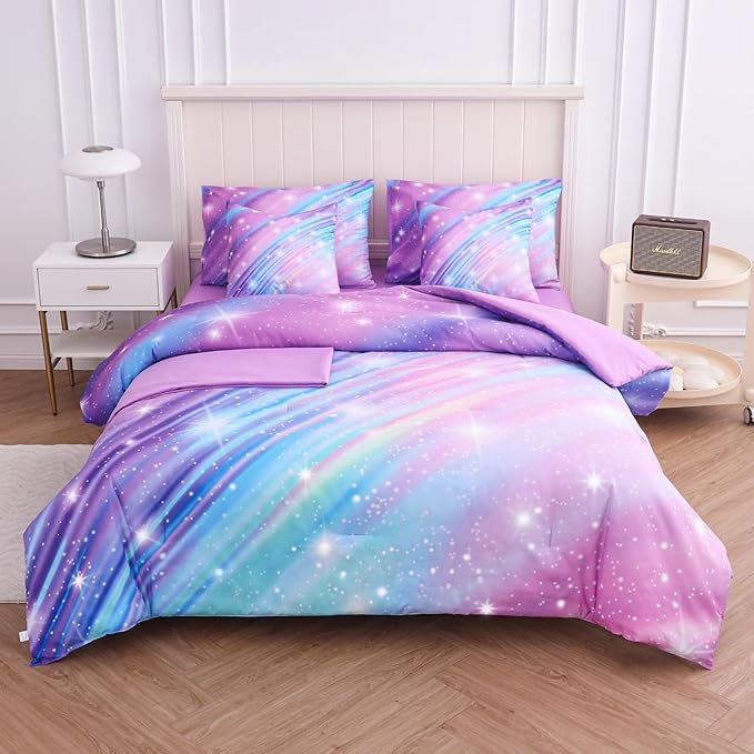 Rainbow Bedding Set Full Size – 7 Piece Reversible Girls Comforter with Deep-Pocket Sheet, Gradient Galaxy Design, Whole-Piece Filling, Machine Washable Bed-in-a-Bag for Kids Room Makeover & Gifts