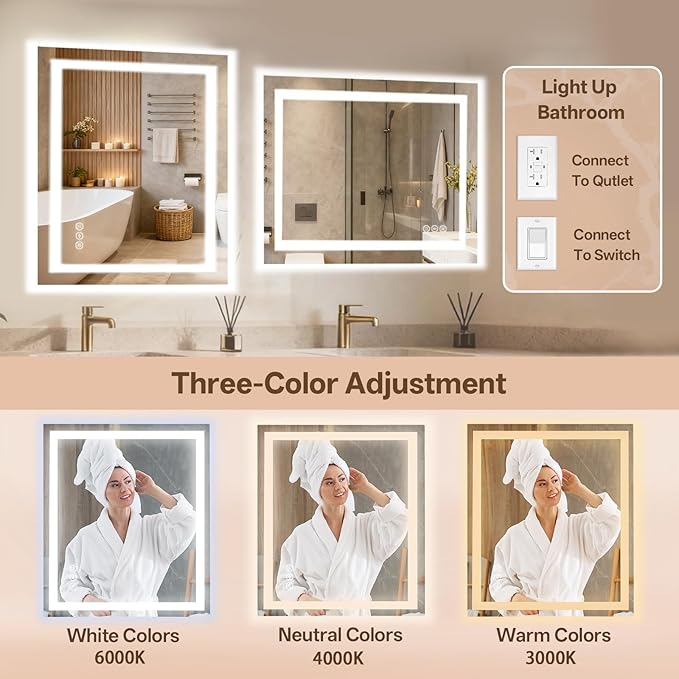 MISSDAY 28x32-inch LED Mirror - 3 Colors - Adjustable Brightness - Defogging - Smart Power-Off - Dual Orientation Mounting - Plug-in or Hardwired - Designed for Bathrooms and Vanity Areas