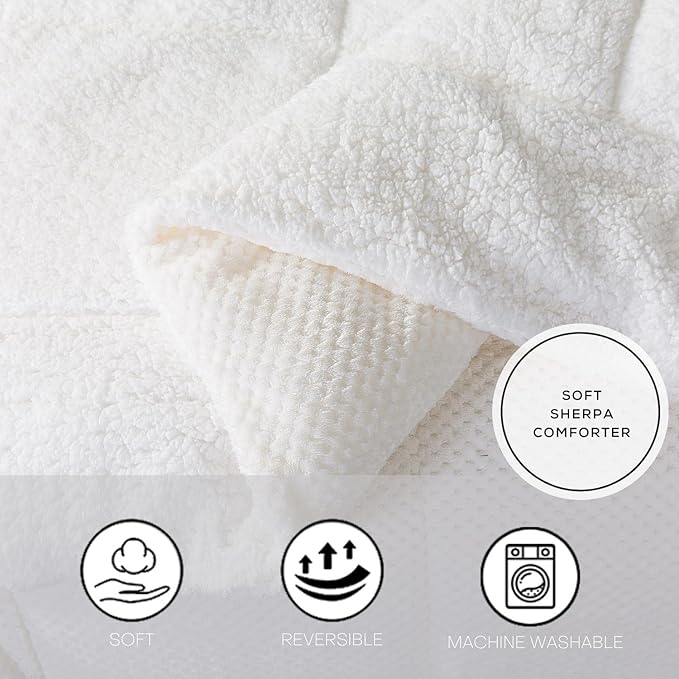 KASENTEX Super Ultra Soft Luxury Plush Sherpa Comforter, Cozy Reversible Faux Fur Machine Washable Bedding, Bright White, Queen Size