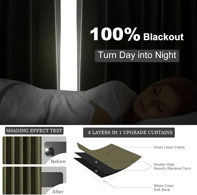 Topfinel Olive Green Linen Blackout Curtains 84 Inches Long, 100% Blackout Pinch Pleated Dark Green Boho Thermal Insulated Back Tab Curtains for Living Room Bedroom, Retro Drapes with Hooks Rings