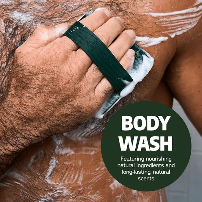 Dr. Squatch NEW Body Wash for Men with Nourishing, Natural Ingredients | No Paraben, Phthalate, Sulfate | Coconut Castaway (14 oz), Wood Barrel Bourbon & Pine Tar (8 oz, 2-Pack) & Body Scrubber