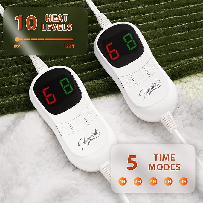 Homemate Electric Heated Blanket Queen Size - 84"x90" Heating Blanket Queen Size Dual Control 1/2/4/6/8 Hours Auto-Off 10 Heat Level Over-Heat Protection Soft Flannel Sherpa ETL Certification