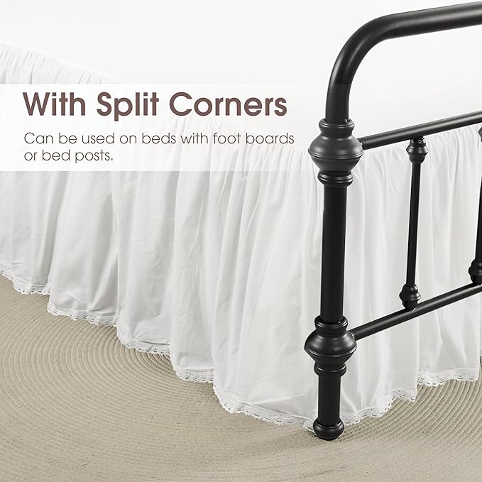 Twin Size 21" Drop - White Lightweight Cotton Bed Skirt with Crochet Edge - Dust Ruffle with Split Corner - Soft, Elegant, Breathable Bedding Accessory