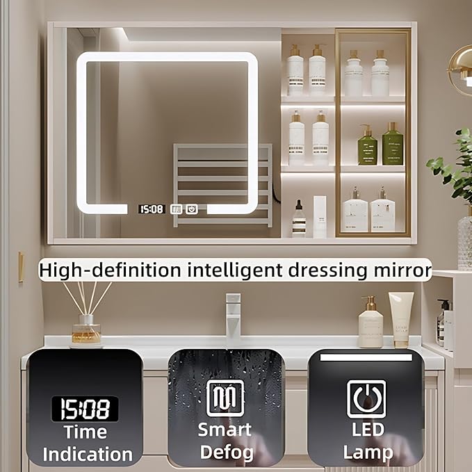 Cream Grey Sophisticated Bathroom Cabinets - Bathroom Vanity with Smart Storage & Mirror Cabinet, Defogging, LED Light | Wall-Mounted Bathroom Storage Cabinet