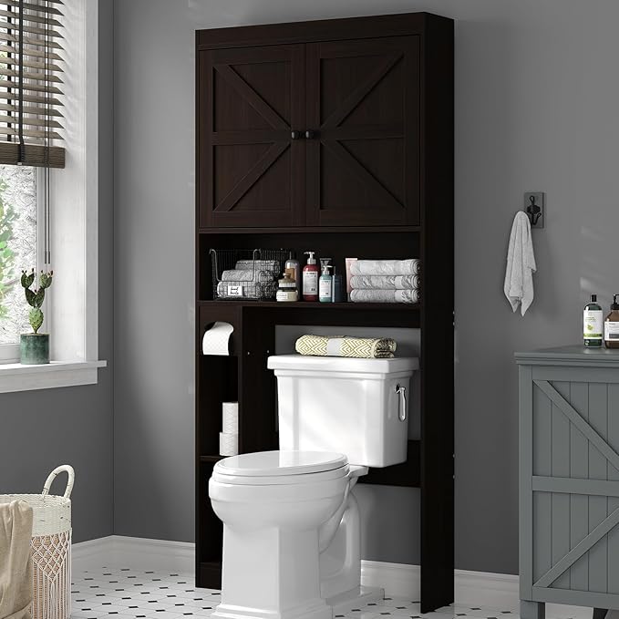 Furniouse Over The Toilet Storage Cabinet Bathroom Organizer with Barn Doors & Adjustable Shelf Rustic Over Toilet Storage Shelf for Bathroom, Espresso