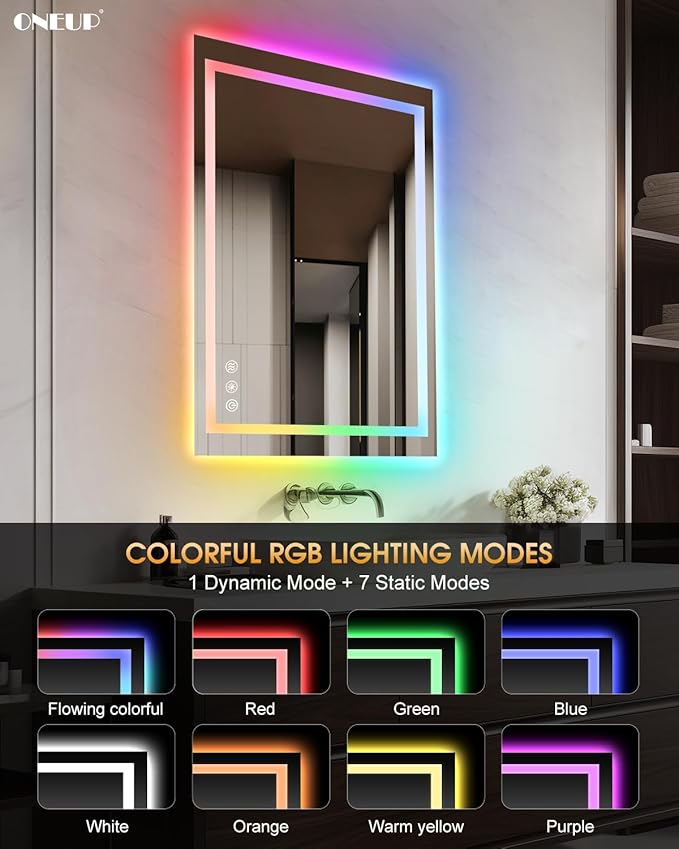 oneup 24x36'' RGB LED Bathroom Mirror with Lights,RGB Color Changing Bathroom Mirror,Lighted Vanity Mirrors for Wall,Dimmable,Anti-Fog,IP54 Waterproof (Horizontal/Vertical)
