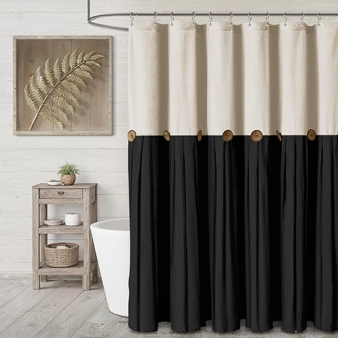 Farmhouse Shower Curtain Linen Bow Woven Fabric Country Rustic Western, Cream & Black 72" W x 72" L
