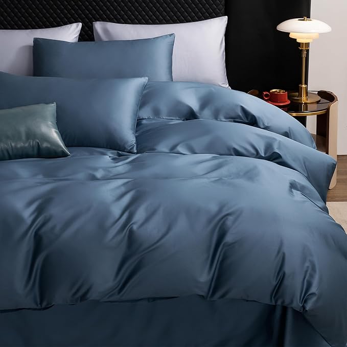 MooMee Duvet Cover Set 100% Extra Long Staple Cotton 600 Thread Count Silky Sateen Smooth Luxury Soft Breathable Durable Hotel Quality Bedding, 3 Pieces (Dark Blue, King 104"x90")