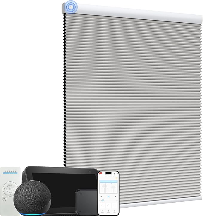 MYshade Motorized Cellular Shades - Smart Blinds Compatible with Alexa/Google Home/SmartThings, 100% Blackout Rechargeable Cordless Honeycomb Blinds, Custom-Size Auto Shades for Windows (Grey)