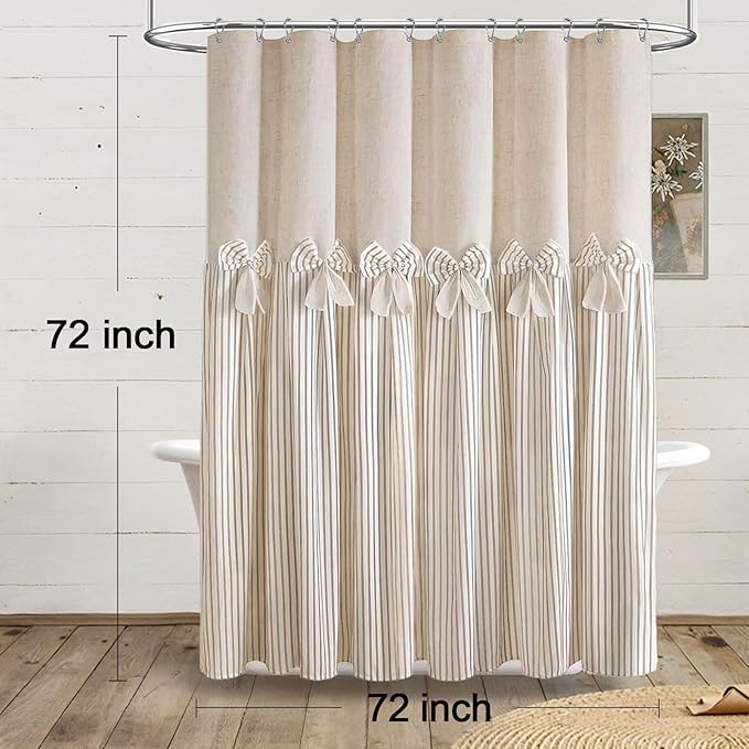 Farmhouse Shower Curtain Linen Beige Bow Woven Fabric Country Rustic Western, Pleated Beige Stripe 72" W x 72" L