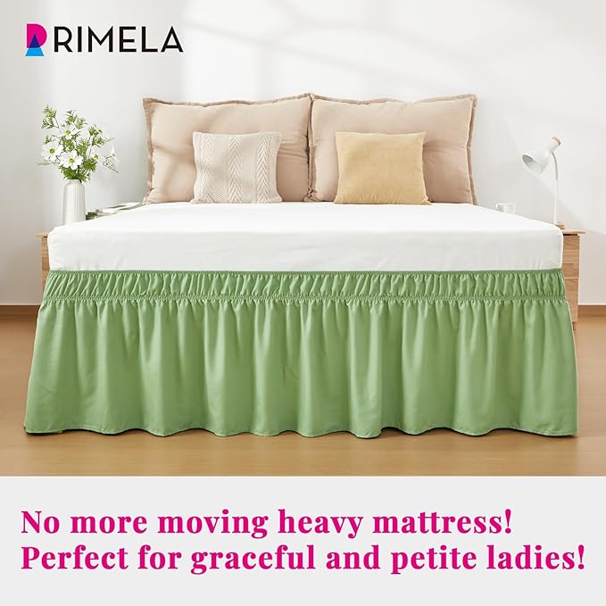 RIMELA Light Green Bed Skirt Full Size 15 Inch Drop, Elastic Bed Skirting for Adjustable Bed Base and Frame, Bedding Dust Ruffle Easy to Install, Hotel Quality Wrap Around Bedskirt