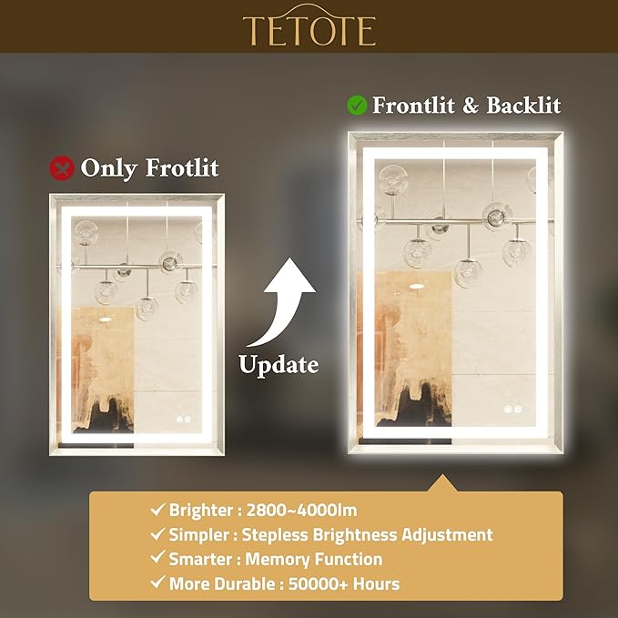 TETOTE 60 x 36 Large Bathroom Mirror Brushed Bright Nickel Metal Frame Frontlit & Backlit Vanity Mirror 3 Colors White/Warm/Natural Stepless Dimmable Anti-Fog Bathroom Mirrors for Vanity Wall-Mounted