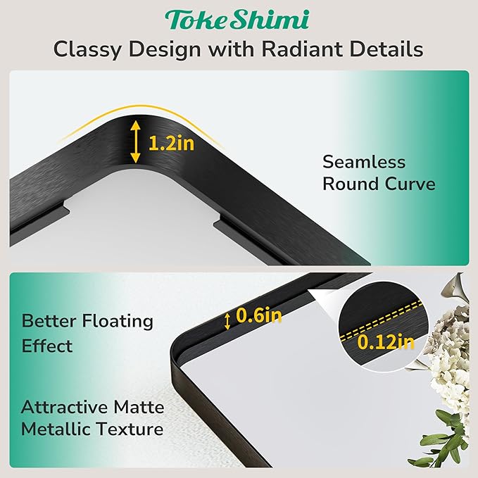 TokeShimi 48x36 Black Bathroom Mirror for Over Sink,Tempered Glass,Rectangle Mirror for Bathroom,Large Bathroom Mirror for Vanity(Horizontal/Vertical)