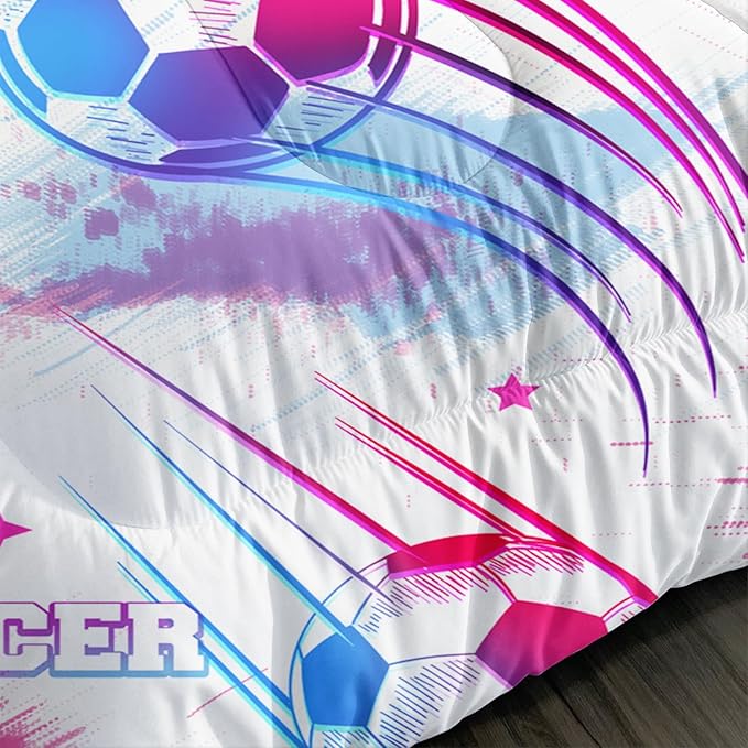Ball Games Bedding Football Full Comforter Set,Pink and Blue Soccers Stars Bedding Set for Kids Girls Boys Room Decor,Sports on The Court Aesthetic Bedding Sets with 2 Pillowcases.