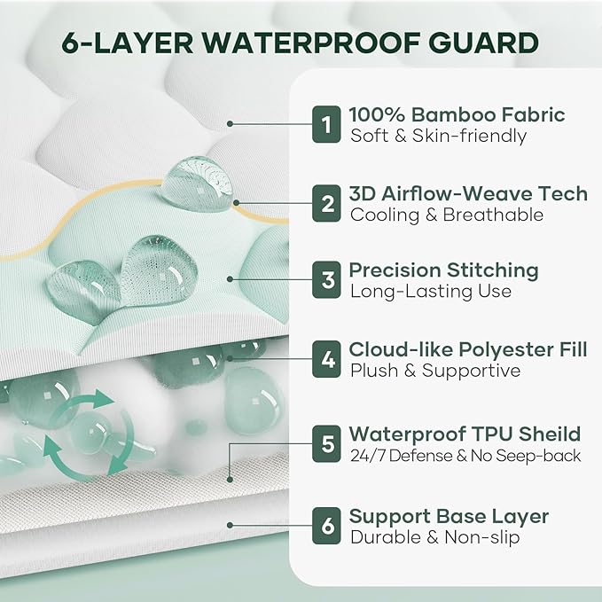 OhGeni 100% Waterproof Mattress Protector, California King Pad, Fits 6"-20" Mattresses Deep Pocket, Cooling for Taller Person, Breathable Fitted Sheets, Soft Bed Cover, Noiseless, Machine Washable