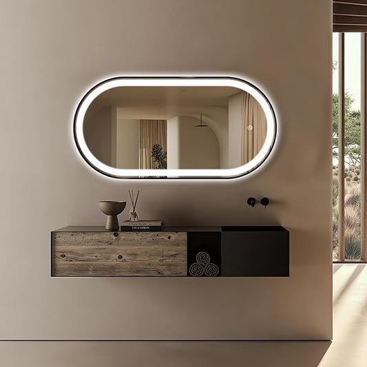 51" x 27" Oval LED Bathroom Mirror with Lights, Black Metal Framed Anti-Fog LED Vanity Mirror, Lighted Bathroom Mirrors Wall Mounted, Stepless Dimmable, Shatter-Proof, Horizontal/Vertical