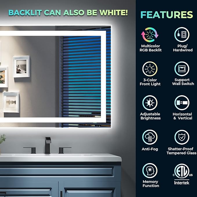 96x36 Inch RGB LED Bathroom Mirror Front Light and RGB Backlit Lighted Vanity Mirror for Bathroom Wall Mounted Dimmable Anti Fog Memory Shatter-Proof IP54 Waterproof Horizontal/Vertical