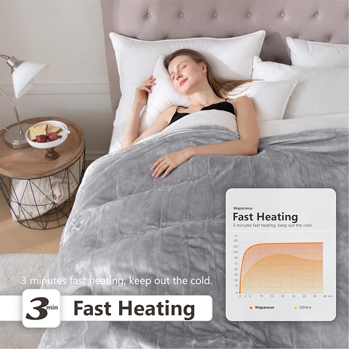 Wapaneus Heated Blanket Electric King Size 90"x100"-Dual Control with 10 Heat Levels 12 Timer Settings and 8 Hours Auto-Shut Off,Fast-Heating Electric Blanket,ETL Listed Machine Washable,Light Grey