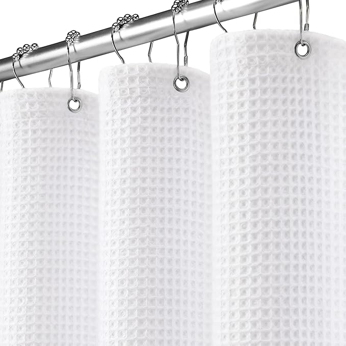 Long Waffle Shower Curtain - White Cotton Texture Fabric Heavyweight Shower Curtain for Bathroom,72Wx80L
