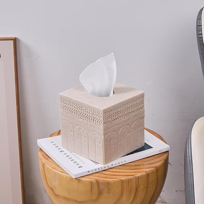 Sandstone Carved Pattern Tissue Box Cover – Modern Resin Cube Holder for Bathroom, Bedroom, Office – Decorative Square Tissue Box for Countertop, Nightstand, Vanity & Desk – Heavy&Sturdy