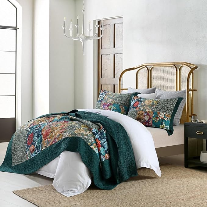 Autumn Dream Cotton Bedspread Quilt Sets Reversible Bedding Coverlet Sets Comforter, Vintage Floral Patchwork Turquoise Bedspread, Queen Size