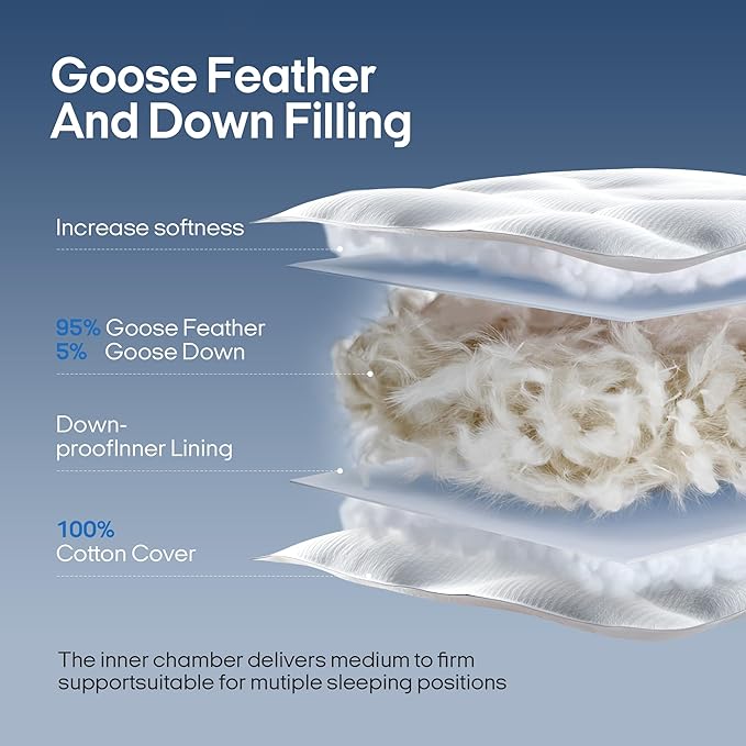 puredown® Goose Feathers and Down Pillows, Premium Medium to Firm Bed Pillows for Sleeping, Luxury Pillows with 100% Cotton Cover, 2 Pack, Queen Size, 20x30 Inches