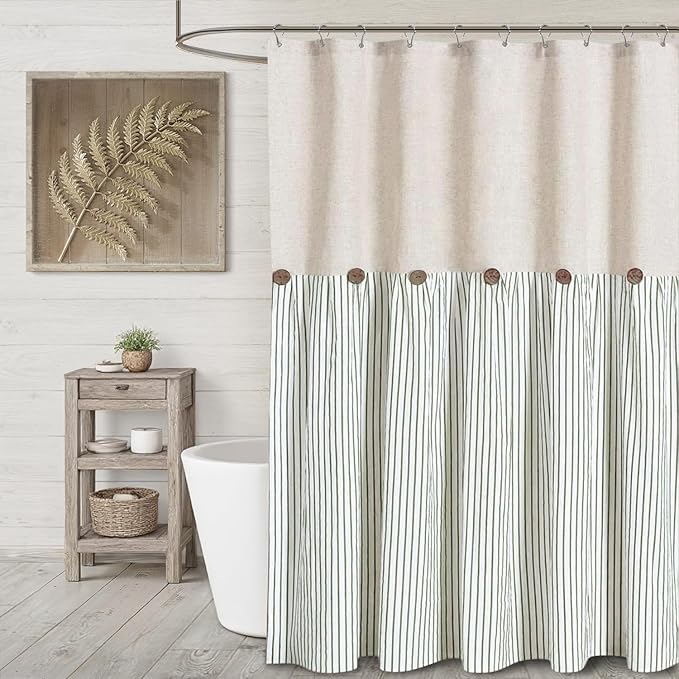 Farmhouse Shower Curtain Linen Button Woven Fabric Country Rustic Western, Pleated Green Stripe 72" W x 72" L