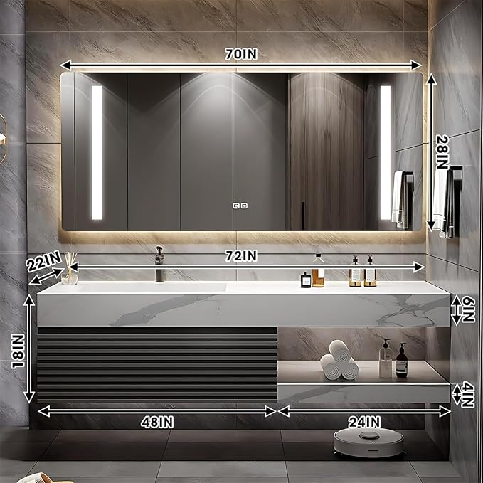 Bathroom Vanity 72 inch, Single Sink Floating Vanity Set Includes Anti-Fog LED Mirror Cabinet, Slate Countertop and Wall-Mount Sink Cabinet, Modern Bathroom Vanities(Greyish Black)