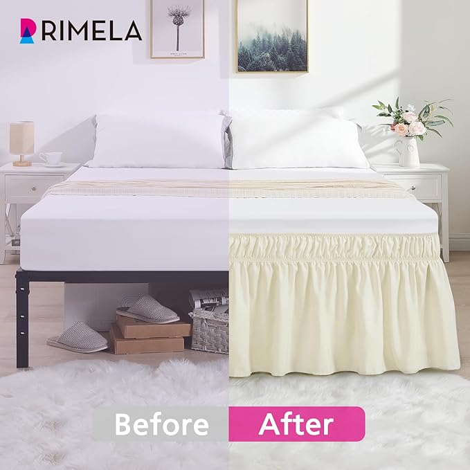 RIMELA Off White Bed Skirt King Size 15 Inch Drop, Elastic Bed Skirting for Bed Base and Frame, Bedding Dust Ruffle Easy to Install, Lightweight Wrap Around Adjustable Bedskirt