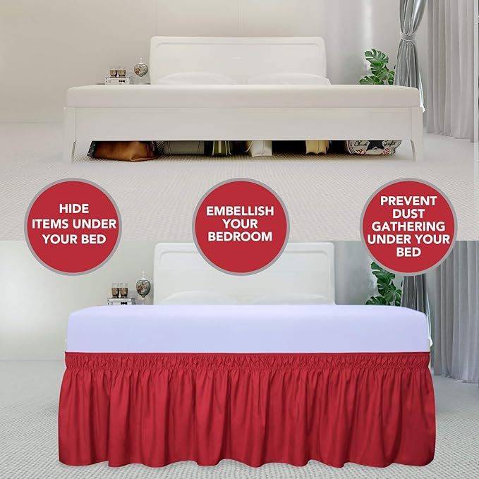 PureFit Wrap Around Ruffled Bed Skirt with Adjustable Elastic Belt - 18 Inch Drop Easy to Put On, Wrinkle Free Bedskirt Dust Ruffles, Bed Frame Cover for Queen, King and C-King Size Beds, Red
