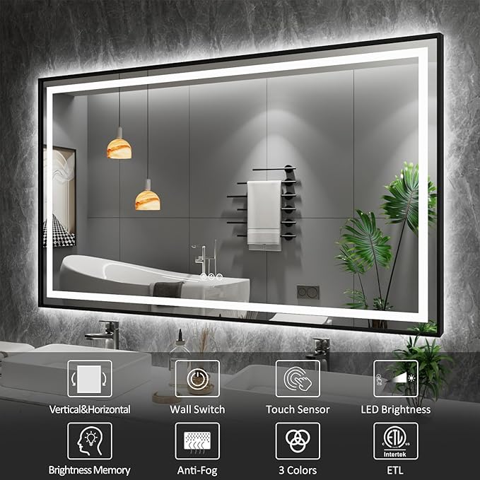 Amorho 44"X36" LED Bathroom Mirror with Black Frame, Front Light and Backlit, Stepless Dimmable, Anti-Fog, Shatter-Proof, Memory, 3 Colors, Double LED Vanity Mirror