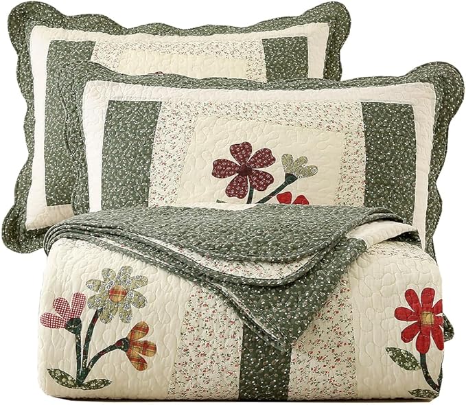 vctops Farmhouse Green 3 Piece Embroidered Floral Quilted Bedspread Quilt Set 100% Cotton Reversible Patchwork Coverlet Set 1 Quilt and 2 Pillow Shams (Green,King)