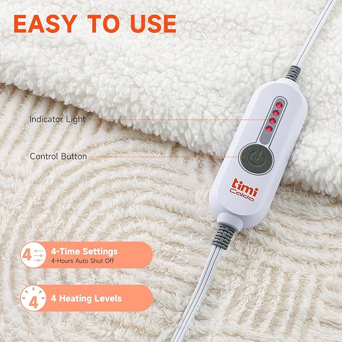 Heated Throw Blanket Electric - 50"x60" Cozy Soft Jacquard Heating Blanket with 4 Heat Levels & 4 Hours Auto-Off, Electric Throw with Overheating Protection, Warm Gifts, Cream