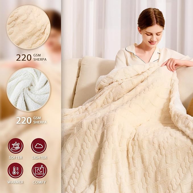 Heated Electric Blanket Twin Size-62"x84" Heating Blanket with 10 Heating Levels & 5 Time Settings Over-Heat Protection，Winter Warmer for Adults with ETL Certification（Cream）