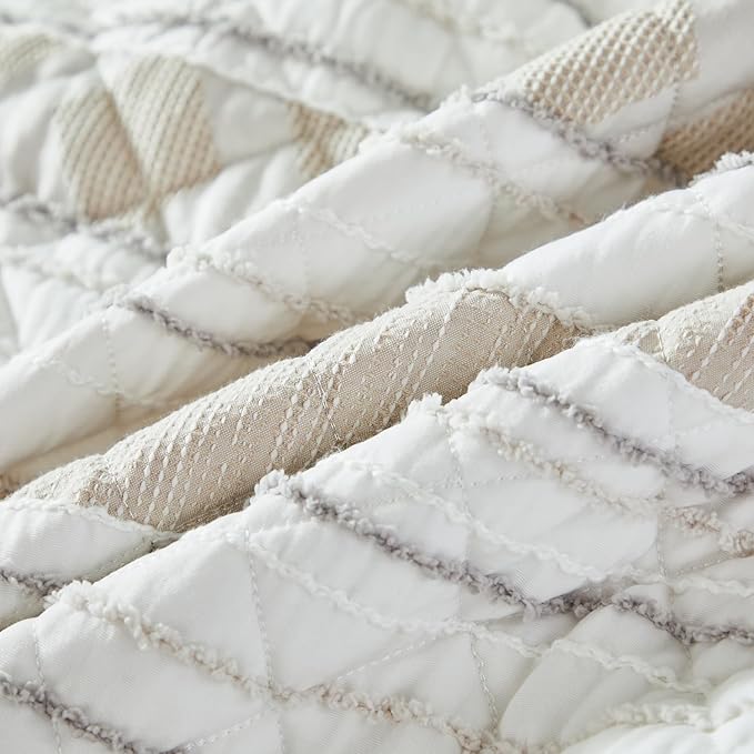 Brandream Queen Size Quilt Set Cotton Blend Patchwork Quilts White Beige Striped Quilts Modern Farmhouse Waffle Quilted Comforter Set 3-Piece