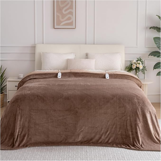 Electric Blanket Queen Size, Ultra Soft Flannel Heated Blanket for Full Body, Dual Control Heating Blankets with 10 Hours Automatic Shut Off, 8 Heating Levels, Washable, Double Zone, 84" x 90" Brown