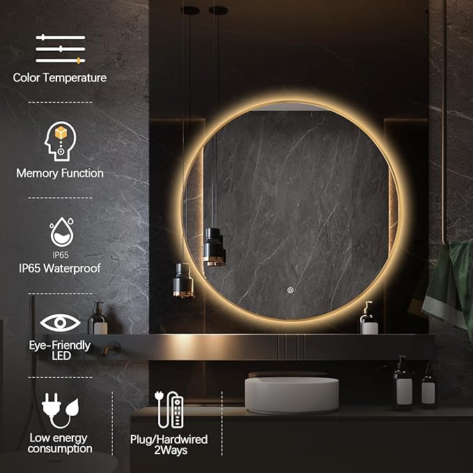 Niccy 44" LED Backlit Round Mirror for Bathroom, Gold Framed Vanity Light Wall Mirror LED Smart Circle Mirrors with 3 Lighting Colors, Dimmable Lighted Mirror with Anti-Fog, IP65 Waterproof