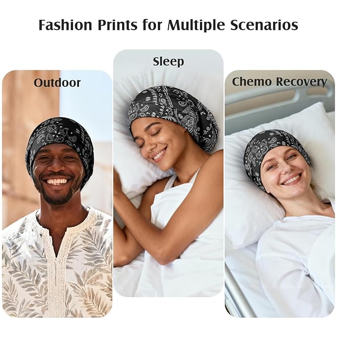 YFONG Print Pure Silk Lined Beanies for Women & Men, 22 MM Mulberry Silk Bonnet for Sleeping, Chemo Headwear, Adjustable Stay on Slouchy Hat Cap for Curly Long Hair & Braids, Black
