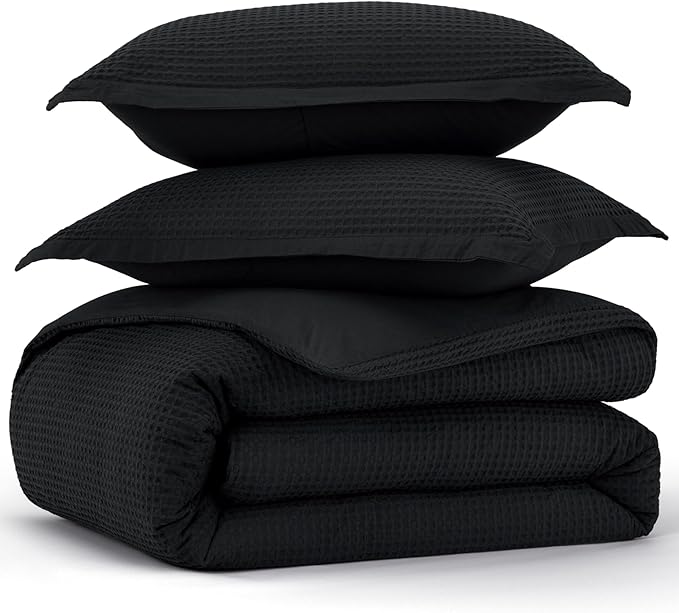 Bedsure Cotton Duvet Cover Set - 100% Cotton Waffle Weave Black Duvet Cover Oversized King Size, GentleSoft™ and Breathable Bedding Set for All Season, 3 Pieces, 120"x98"