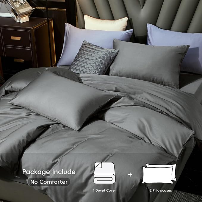 MooMee Duvet Cover Set 100% Extra Long Staple Cotton 600 Thread Count Silky Sateen Smooth Luxury Soft Breathable Durable Hotel Quality Bedding, 3 Pieces (Dark Gray, Full 80"x90")