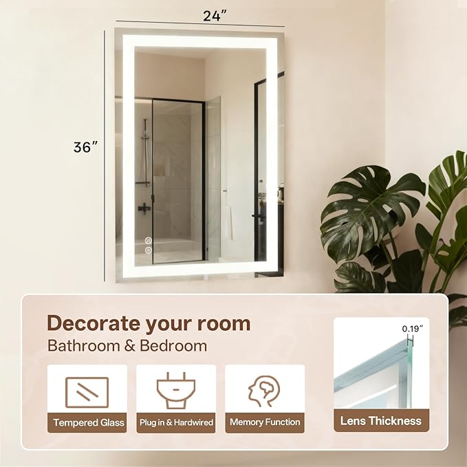 MISSDAY LED Bathroom Mirror,24x36 Inch Gradient Front and Backlit LED Mirror for Bathroom, 3 Colors Dimmable CRI>90 Double Lights, IP54 Enhanced Anti-Fog, Hanging Plates Vanity Mirror with Lights