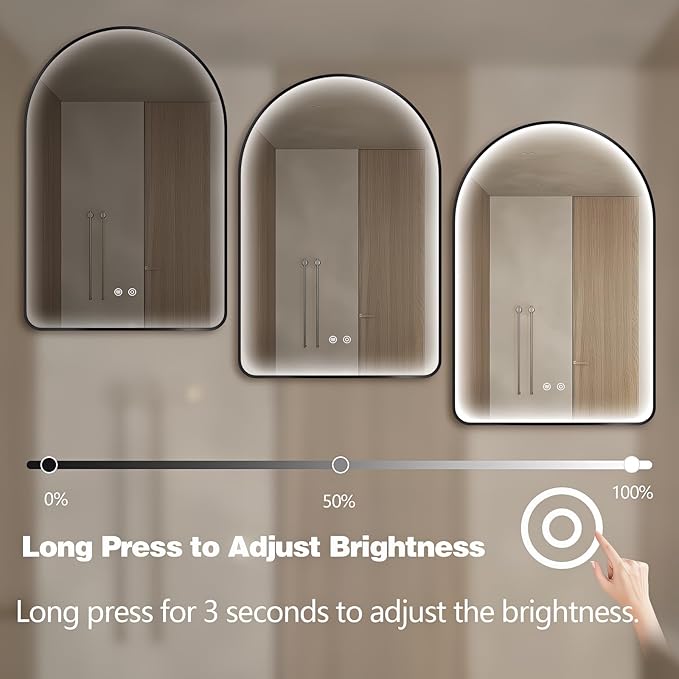 Niccy Arched LED Bathroom Mirror, 36"x24" Black Framed Arch Wall Lighted Mirrors, Arching Frontlit Vanity-Mirror with Memory Function for Bathroom Bedroom, Defogger and 3 Color, Explosion-Proof