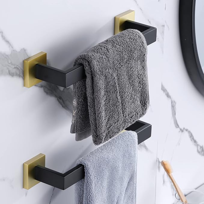LANC 12-Inche Towel Bars for Bathroom Wall Mounted Matte Black and Gold Bath Hand Towel Holders Total-14” Towel Hanger Stainless Steel Towel Rails for Kitchen Towel Racks Towel Rods, A8804GK-3P1