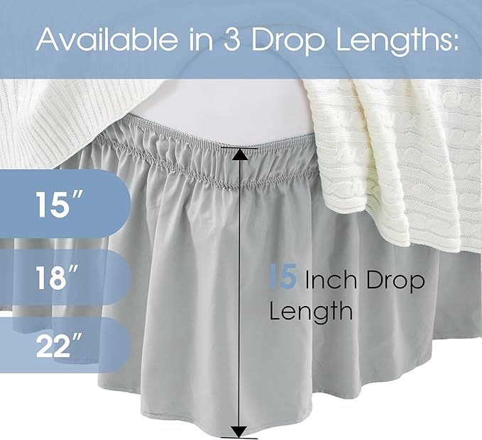 FreshCulture Twin Bed Skirt - Elastic Wrap, Easy Fit with 15-Inch Drop, Hotel Quality - Light Grey