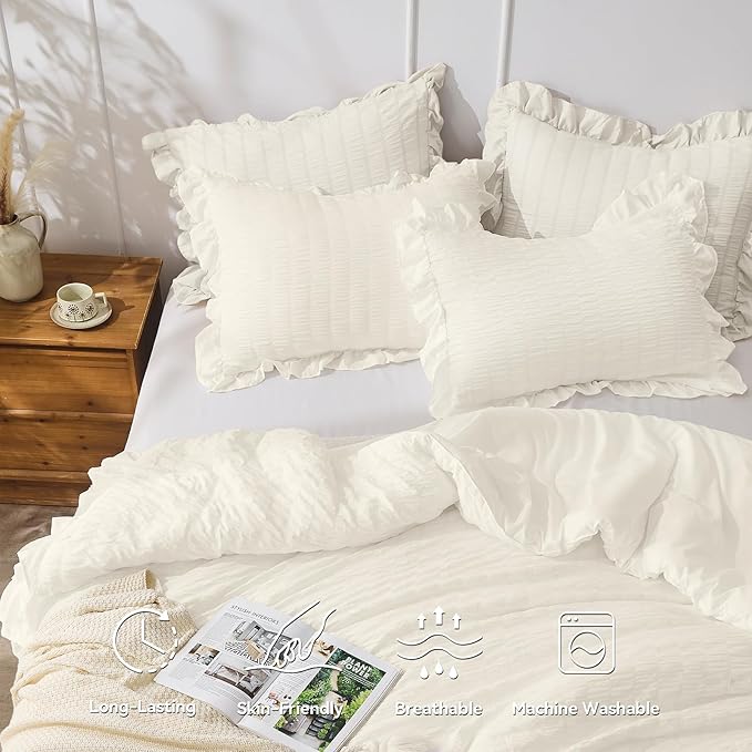 JOLLYVOGUE Ivory Twin Size Comforter Set, 2 Pieces Seersucker Lightweight Fluffy Bedding Set, Twin Ruffle Comforter, All Season Soft Microfiber Shabby Chic Bed Set