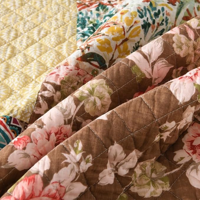 Autumn Dream Cotton Bedspread Quilt Sets Reversible Bedding Coverlet Sets, Luxury Vintage Floral Patchwork Yellow Bedspread,Queen Size