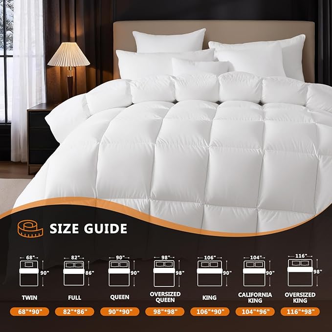 DROVAN Goose Feather Down Fiber Comforter Oversized King Size - 100% Cotton Duvet Insert with 8 Corner Loops - Luxurious All-Season Hotel Collection, 116x98 Inch
